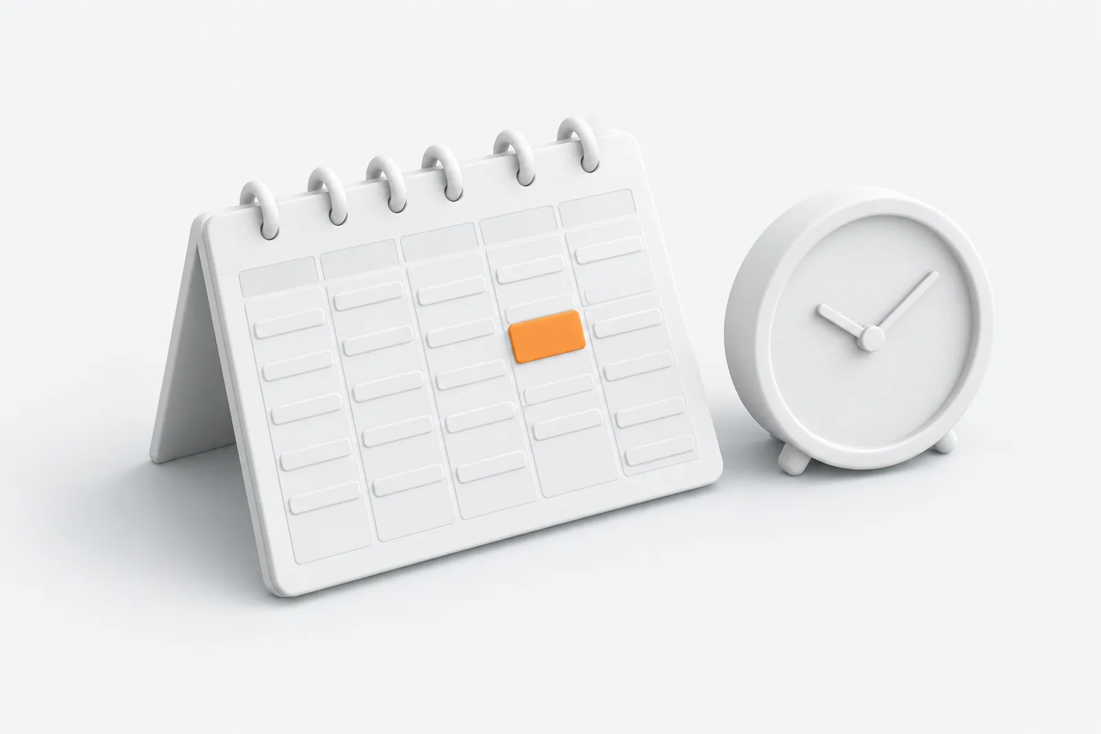 Un agenda de bureau en argile blanche ; un seul créneau est orange. Une horloge à côté.