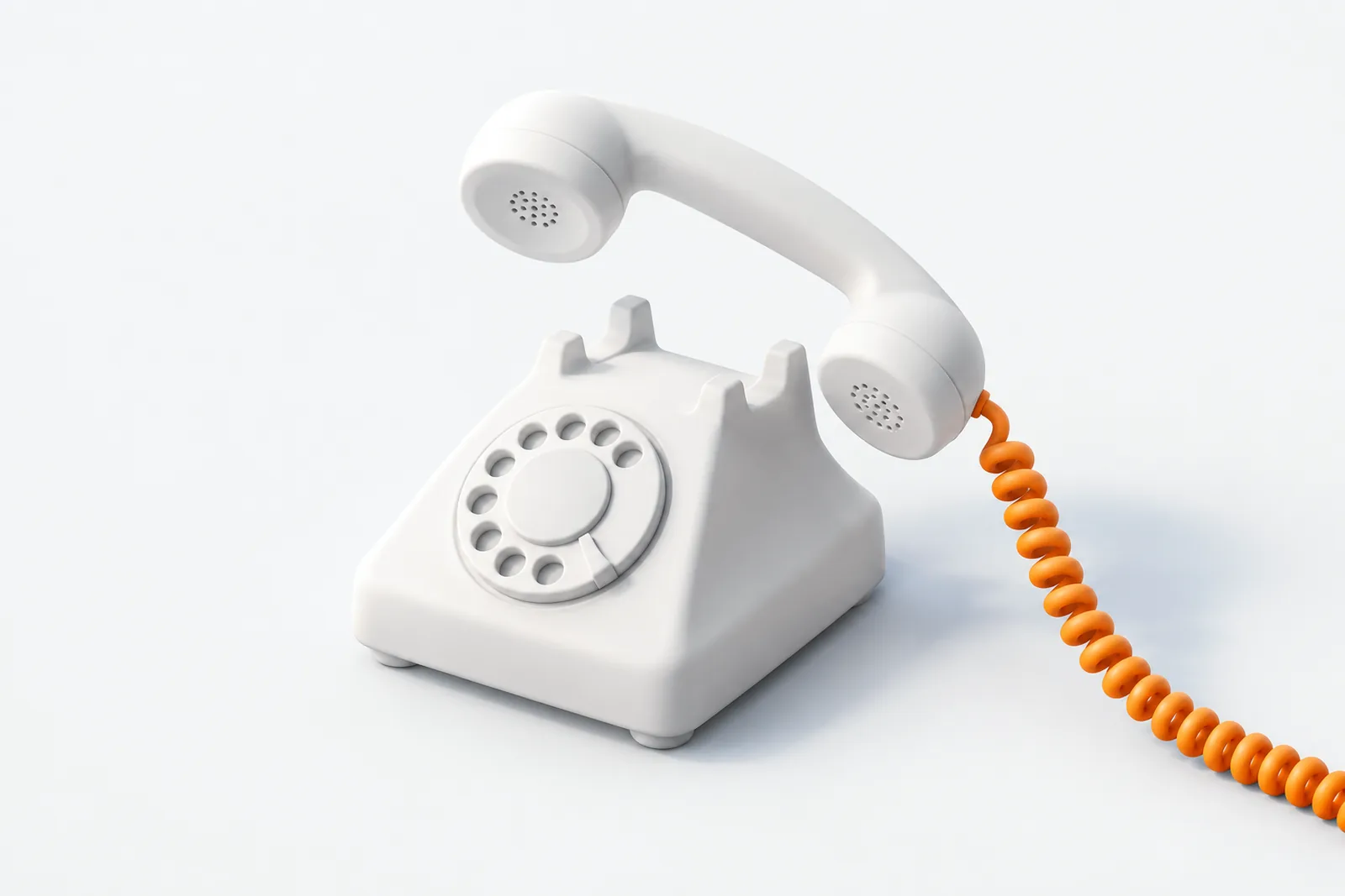 Un téléphone ancien en argile blanche, combiné décroché, son cordon orange qui file hors du cadre.