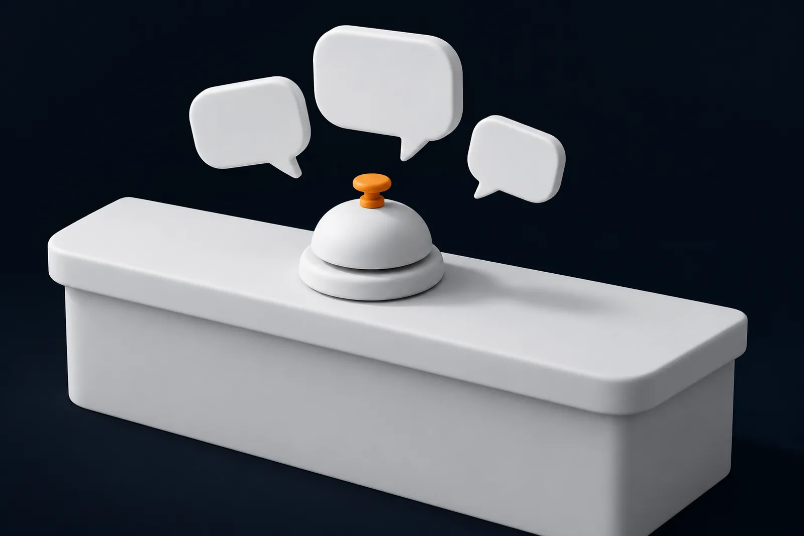 Une sonnette de réception au bouton orange sur un comptoir, trois bulles de dialogue vides au-dessus.
