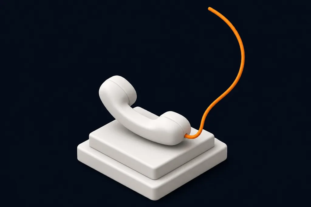 Un combiné de téléphone posé sur son socle, son cordon orange qui serpente.